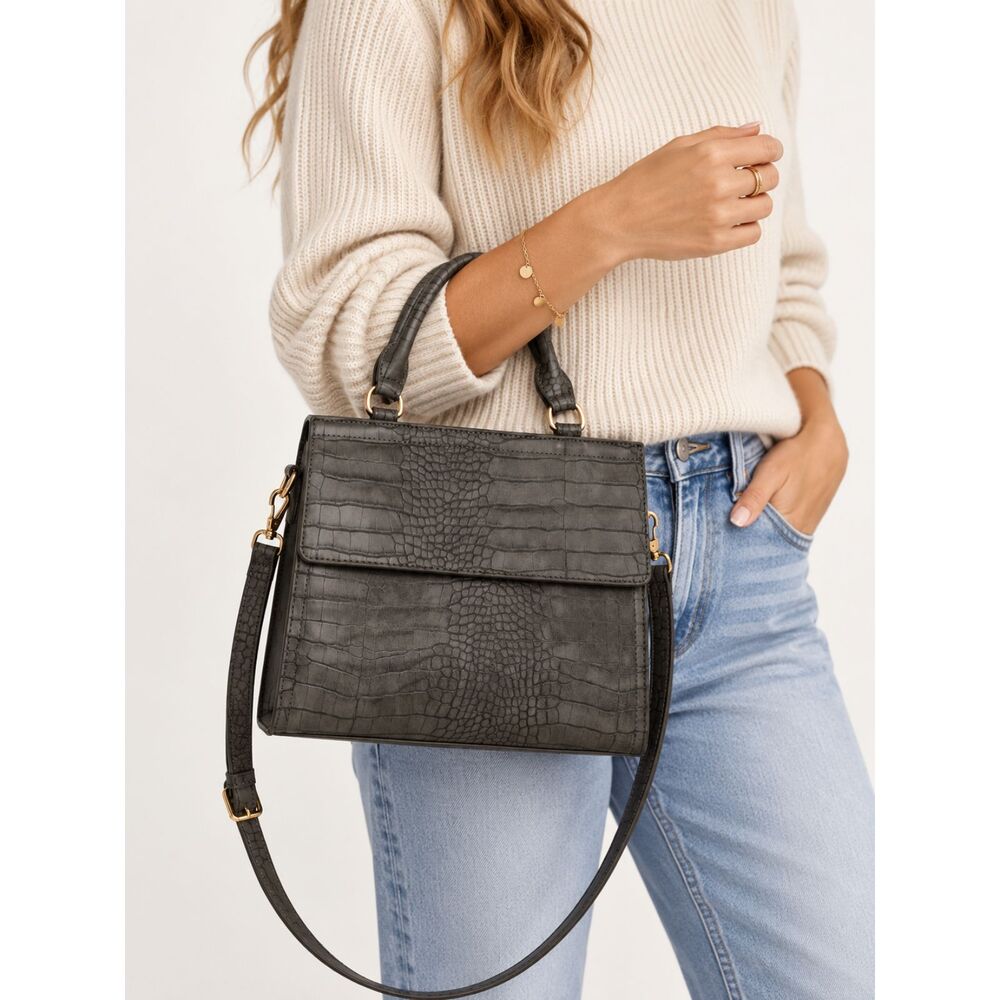 Insulated Lunch Bag Gray Croc Embossed Purse Style Tote Crossbody Strap